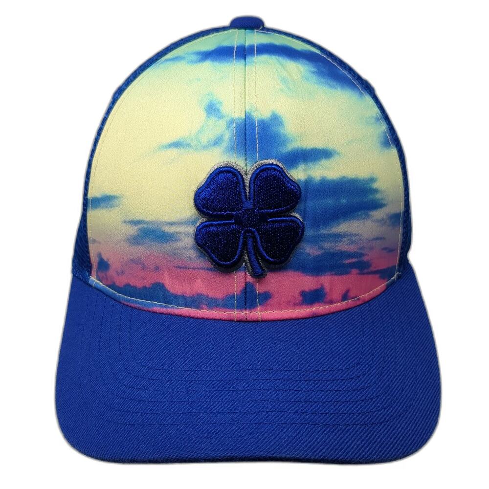 Black Clover Trucker Hat Blue One Size Live Lucky Sunset Cloud Print Mesh Back